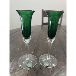 Vtg Lenox Holiday Gems Green Cordial Wine Glasses Etched 7 3/4" Size 2 Czech
